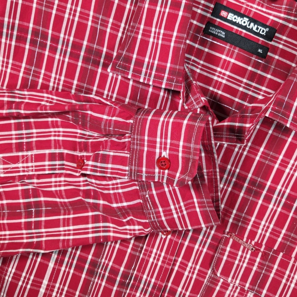 Ecko Unltd Mens XL Red Plaid Long Sleeve Button Down Shirt Metallic Threading